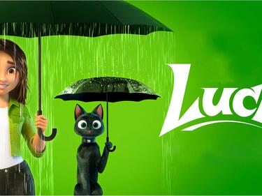 Luck Movie Girl and Cat holding up umbrellas
