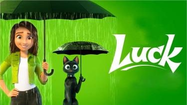 Luck Movie Girl and Cat holding up umbrellas